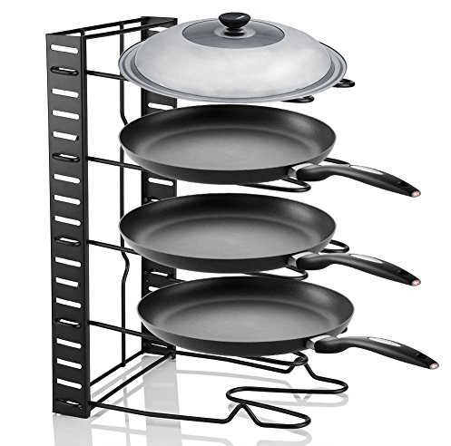 5 Tier Pan Holder Rack Adjustable Black Cookware Pot Lid Storage Organizer Shelf for Home Kitchen 38.1x20.5x26cm