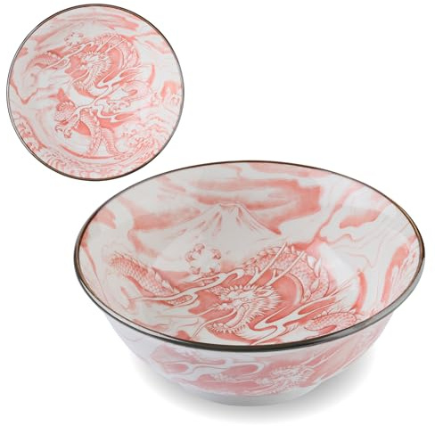 product of gifu japan Mino Ware Japanese Wide Mouth Ceramic Bowl, Udon Ramen Noodle Soup Bowl, Dragon Design, Red | Japanese Bowls Donburi