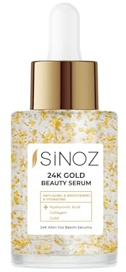 Sinoz 24K Gold Schönheitsserum mit Hyaluronsäure & Kollagen – feuchtigkeitsspendend, straffend & Glow-Effekt – Anti-Falten Gesichtsserum, alle Hauttypen, 30 ml