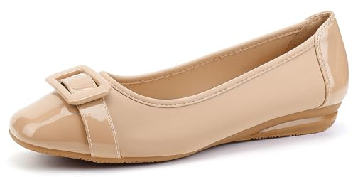 Greatonu Womens Buckle-Embellished Wedge Heel Casual Ballet Flats