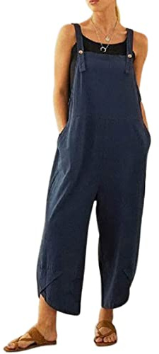 VEVESMUNDO Womens Dungarees Cotton Linen Loose Baggy Casual Jumpsuits with Pockets UK 6 8 10 12 14 16 18 20 22