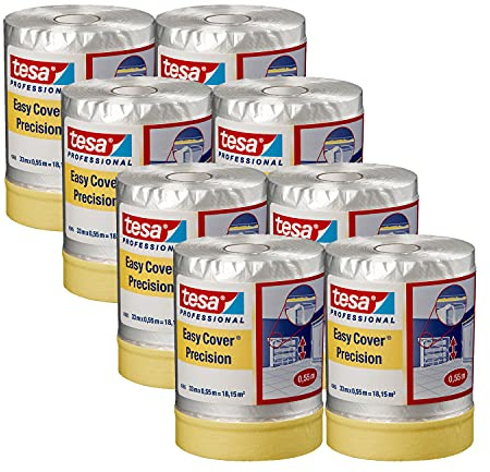 tesa Easy Cover 4365 Präzision Malerband mit Folie, 8er-Pack, 33 m x 0,55 m | Abklebeband und Malerfolie zum Abdecken bei Malerarbeiten - 2-in-1 Set mit Malerkrepp und Folie - Transparent