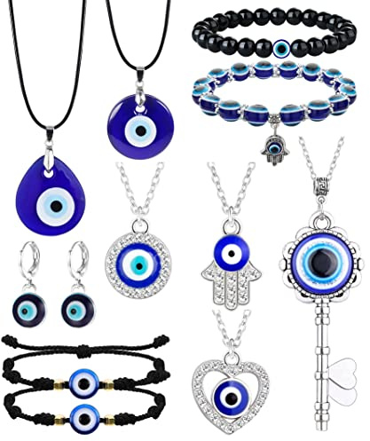 KALVICA 6/7/12 pieces Turkish blue eye necklace, evil eye necklace set, evil eye bracelet, bring happiness, protect family members from harm, gift of love