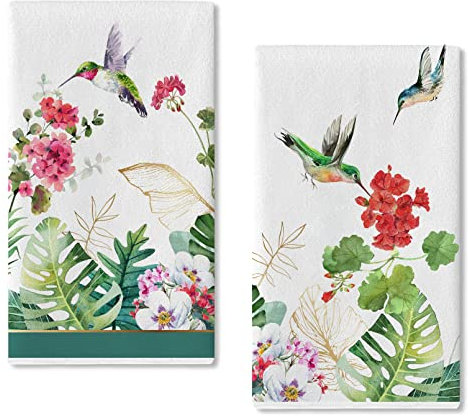 Seliem Küchentuch mit Kolibri, Geranie, Blume, Vogel, 2 Stück, tropische Palmblätter, Pflanze, Blumentee, Bar, handtrocknendes Backtuch, botanisches Bauernhaus, Heimdekoration, 18x28 cm