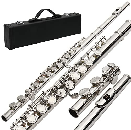 Ktaxon C Flutes with E-split, Orchestra Closed Hole Flute Kit for Beginners & Professionals, 16 Keys Musical Nickel Flute with Hard Case, Cleaning Rod, Cloth, Gloves - Silver