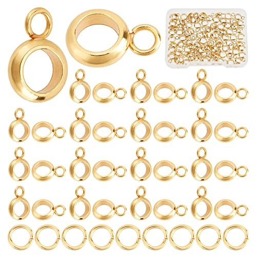 CREATCABIN 100Pcs 18K Gold Plated Column Bail Beads Stainless Steel Hanger Links Tube Hanger Connector Links with Brass Jump Ring for DIY Bracelet Pendant Dangle Necklace Jewelry Making Craft Supplies