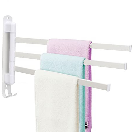 BestAlice Handdukshållare i rostfritt stål med 3 armar för badrum, platsbesparande väggmonterad handdukshållare med krok, 180 graders rotation (vit)