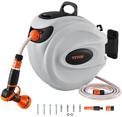 VEVOR Avvolgitubo Automatico per l'Irrigazione PP 20m, Diametro Tubo 12mm, Rullo Avvolgitubo Automatico Retrattile Fissaggio a Parete Girevole 180° da Giardino Orto Pulizia Domestica