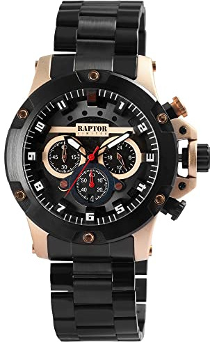 Raptor Limited Soheib Herren-Uhr Chronograph Edelstahl Leuchtzeiger Analog Quarz RA20350 (schwarz schwarz roségoldfarbig)