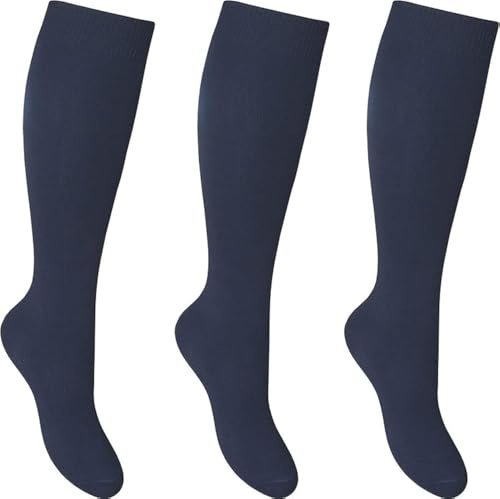 3 Calzini al Ginocchio per Ragazze in Cotone Scuola Uniforme per la Festa Comodi Calzini al Ginocchio per Bambini, Marina Militare, 7-10 Years