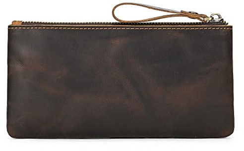 newsbirds Genuine Leather Pen Pencil Case, Zip Pouch, Beautifully Handcrafted Zippered Pouch, Practical Pencil Cases for Adults & Students with Side Pocket & Keyring, 20.5x10.5cm (Vintage Dark Brown)