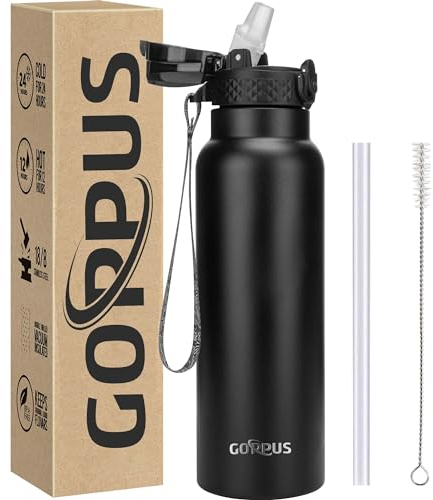 GOPPUS 750ml/26oz Stainless Water Bottle with Straw Double Wall Insulated Bottles with Strap Reusable Vacuum Thermal Flask Leakproof Keep Cold Drinks Bottles with Flip Top Lid for Men Women BPA Free