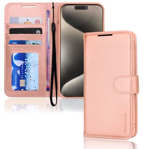 TECHGEAR iPhone 15 Pro Leather Wallet Case, Flip Protective Case Cover with Wallet Card Holder, Stand and Wrist Strap - Rose Gold PU Leather with Magnetic Closure Designed for iPhone 15 Pro 6.1