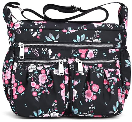 SODOLLEE Femme Sac à Bandoulière Impression de Mode Sac Bandoulière Léger Sac de Messager Plusieurs Poches Nylon Sacoche Achats Sac Porté Travers Fleur D