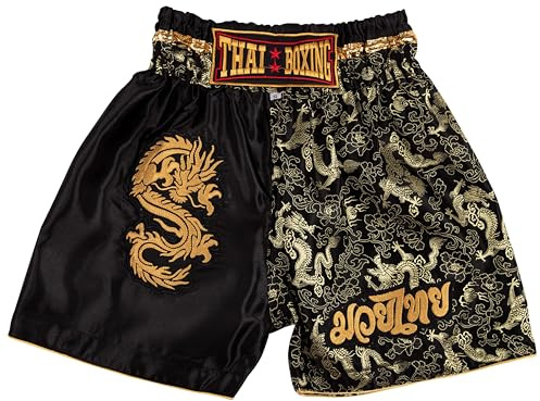 MUAY NATION Muay Thai Shorts für Kinder (2 Jahre - 12 Jahre) Mädchen Jungen Boxhosen für Kickboxen MMA Kampfsport (DE/NL/SE/PL, Alter, 2 Jahre, 3 Jahre, Regular, Drachen Schwarz)