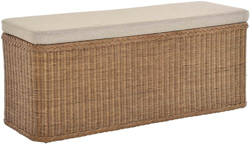 Krines Home Breiter Rattan Wäschekorb 115cm mit Deckel Wäschetruhe XXL Sitzbank schmal Flur Bank Sitzhocker Wäschesammler Sitz-Truhe Natur (Hellbraun, Rechteckig 115cm)
