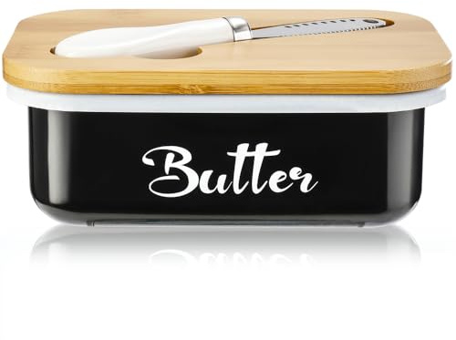 butterdose mit Holzdeckel, edelstahlige Butterglocke für 250 g Butter, multifunktionales Buttermesser, große edelstahlige Butterbox für Haushalt und Küche (schwarz)