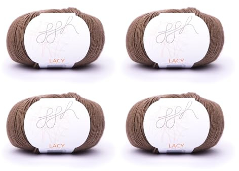 ggh Lacy Set | 4x25g (insgesamt 100g) Set| 150m/25g Merinowolle mit Seide zum Stricken | Farbe 018 - Braun