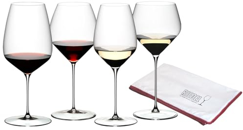 RIEDEL Veloce Verkostungs-Set 4-teilig mit Poliertuch | Weingläser für Cabernet, Pinot Noir, Riesling und Chardonnay | Mikrofaser-Glasreinigungstuch 50 x 64 cm | Kristallglas