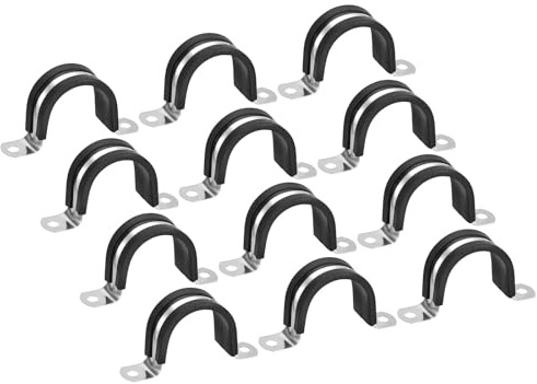 TA-VIGOR 12Pcs U-Shaped Stainless Steel Rubber Cushioned Pipe Clamp, Black, 42mm OD, Pipe Tube Wire Fixing, Laying, Plumbing, Electricity, Exhaust