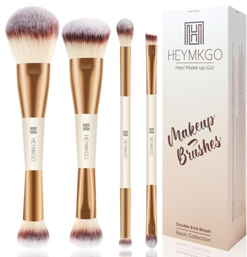 HEYMKGO Foundation Brush 4PCS Double End Brush 2 in 1 Kabuki Makeup Brushes Professional Foundation Contour Powder Blush Concealer Eyeshadow Brush for Liquid, Cream, Powder for Blending Buffing