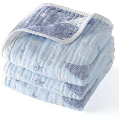 Cotton Muslin Baby Blankets Organic Comforter Reversible Neutral 6-Layer Soft 43.3x41.3 for Newborn Infant Toddler Boys Girls, Daycare Receiving Swaddle Throw Quilt, Nursery Crib Bassinet Blanket