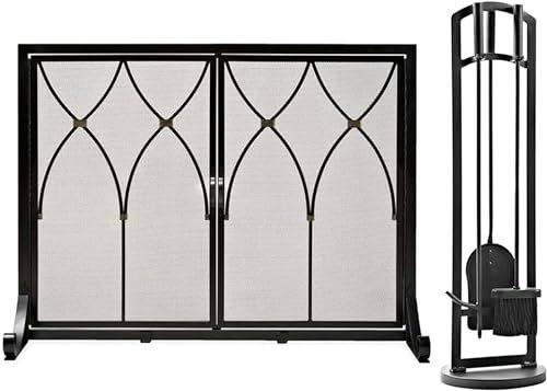 ZWDCVFGK Parascintille Quadrato a 2 Ante con Attrezzi, griglia per caminetto per combustione a Legna, parascintille in Ferro battuto Lavorato a Mano, Protezione per Copertura del caminetto
