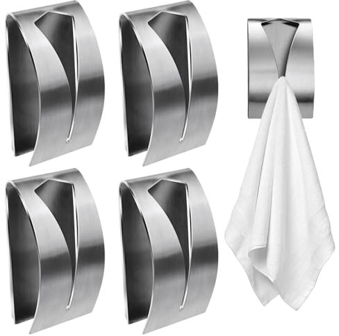 Demarsen 4 Stück Selbstklebend Handtuchklemme, Handtuchhaken Geschirrtuchhalter Ohne Bohren, Wandhaken Küche aus Edelstahl, Haken Handtuchklemme für Küche Badezimmer Toilette (Silber
