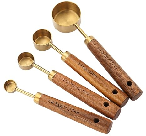 4 Pièces Ensembles de Cuillères Doseuses, Cuillères à Mesurer Inoxydable, Cuiller de 1,25/2,5/5/15 ML Échelles Différentes à Double Unité, à Thé Poignée en Bois, pour Sec et Liquide Ingrédients