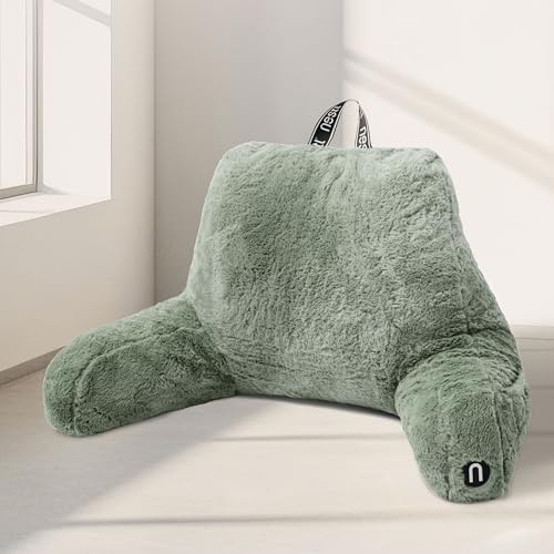 Nestl Fur Reading Pillow, Stylish Back Pillow for Bed Sitting Up, Faux Fur Bed Chair Pillow with Arms, Reading Pillows for Sitting in Bed Adult & Kids, Back Support Pillow for Bed Rest - Sage Green
