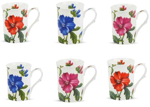 Chelsea Blossom Fine Bone China Mugs Set of 6, 300ml Floral Cups | Set of 6 Chelsea Blossom fine bone china mugs with colourful floral design; elegant Castle shape for tea and coffee.