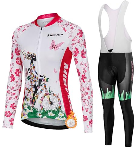 Abbigliamento Ciclismo Donna Invernale Completo Bici MTB,Maglia Ciclista Maglietta Ciclo Termico Vello Giacca Manica Lunga e Salopette Pantaloni con 19D Gel Imbottiti,Completi Tuta Bicicletta|3,XL