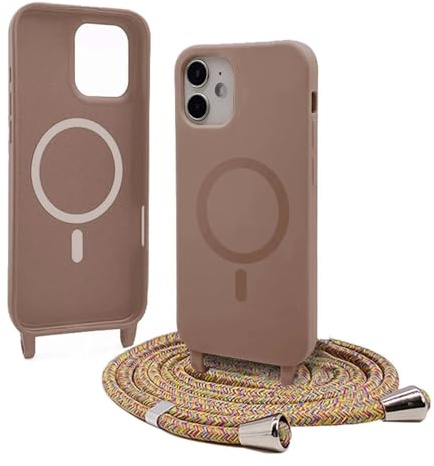 Bigcousin Handykette für iPhone 12 Hülle mit Band,Magnetisch kompatibel mit Magsafe,Silikon Necklace Handyhülle mit verstellbar und abnehmbar,Braun