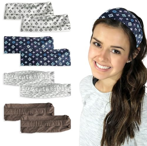 FENQURO 8 Stück haarband damen, haarband, Haarbänder Damen, Weiches Stirnband Damen Sommer Breites Kopfband Elastisches Haarband Mehrfarbig Blumendruck für Lauf Yoga Fitness