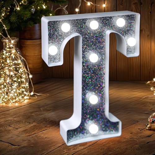 LED Marquee Letter Lights, Light Up Silver Glitter Letters Sign Battery Powered Night Light for Birthday Party Wedding Home Decoration Baby Shower-T
