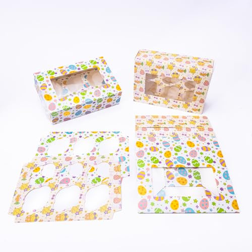 evelay Pack of 12 Easter Cupcake Boxes 6 Holes with Clear Window and Insert Holder for Cup Cakes Sweets Muffins Treats Party Supplies