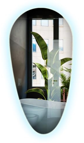 Miroir Mural 35x70 cm Courbes Fluides Lumière Froide avec Éclairage, Forme Unique Élégant Non Encadré Suspendu pour Chambre ou Salle de Bain avec Lumières LED Design Moderne