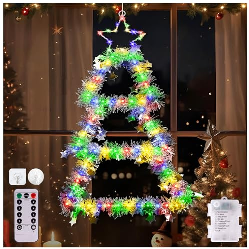 Weihnachtsdeko Fenster Beleuchtet, LED Weihnachtsbaum Fensterdeko Weihnachten Beleuchtet 8 Modi IP44, Weihnachtsbeleuchtung Fenster Innen Außen Batterie Warmweiß und Bunt für Weihnachten Deko