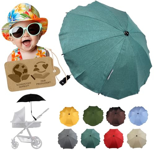 Sonnenschutz universal Sonnenschirm für Kinderwagen Buggy (mel olive) | UV Schutz 50+, Universalhalterung, biegsamer Schirm, für Rund- und Ovalrohre, verstellbar