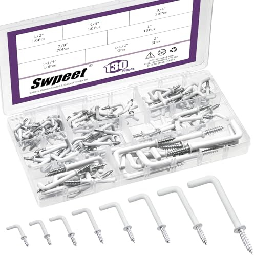 Swpeet 130pcs 8 Größen 1/2 5/8 3/4 7/8 1 1-1/4 1-1/2 2 weißes Vinyl beschichtet L-förmige Haken Sortiment-Kit, Schraubhaken, Rechtwinkel L-förmige Haken, 7 Form Selbstklemmschraube