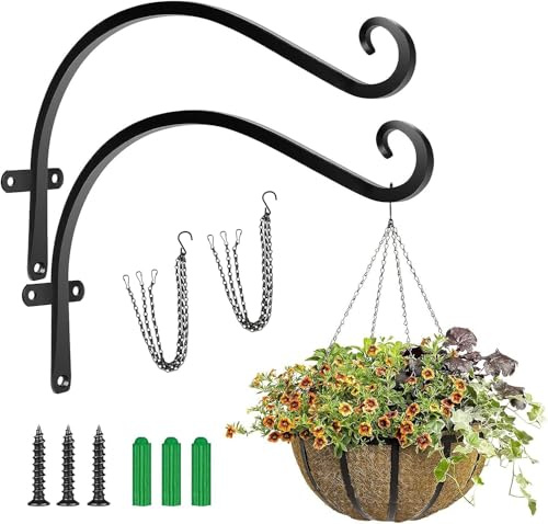 Lifreer 2 Pack 16 Inch Wall Hanging Hooks with 2PCS Hang Chains | Heavy Duty Iron Wall Hanging Basket Brackets Plant Hooks for Hang Bird Feeders Wind Chime Lantern