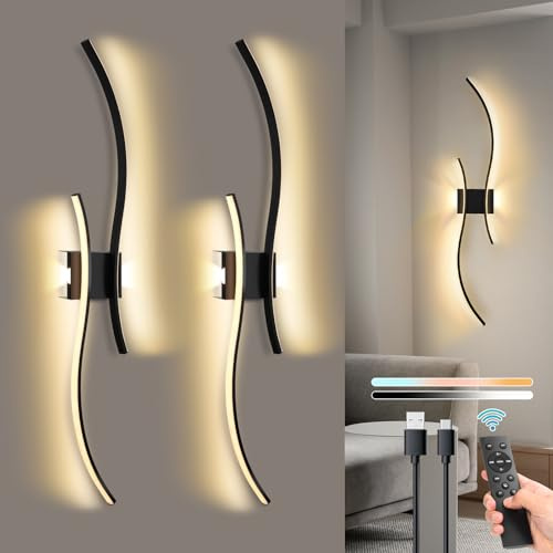 Large Indoor Battery Operated Wall Lights Set of 2,100cm Rechargeable Wireless Wall Lights with Remote Control,Stepless Colors 3000K-6000K & Dimming,Morden Touch Wall Sconces for Room Decoration
