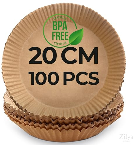 Zilys Home – 100 Pcs Papier Cuisson Rond 20cm | Compatibles Air Fryer Cosori, Ninja, Philips… | Résistants à 220°C | Sans BPA, Non Blanchis | Accessoires Friteuse 4-6L + eBook Offert