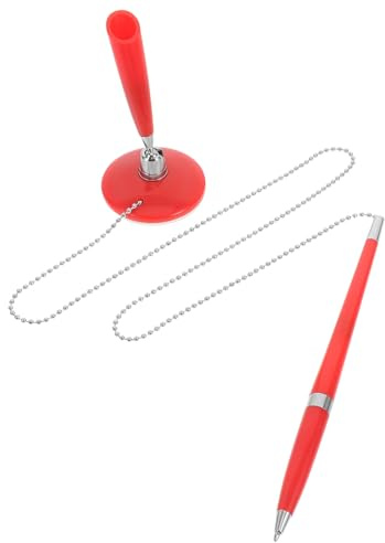 Tischkugelschreiber mit Kette und Ständer für Banken Konferenzräume | Rotes Kunststoffmodell, Vertikales Design, Rutschfest und Griffbereit, als Business Accessoire Am Tisch