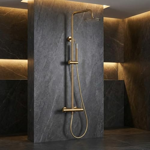 IMEX - Columna Ducha Oro Cepillado con Grifo | Kit de Ducha con Alcachofa y Rociador Antical | Griferia en Latón y Acero Inox S.304 con Barra Extensible | Serie Monza