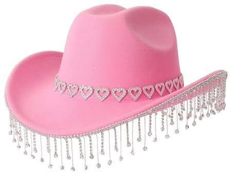 Generisch Cowboy Hut Damen mit Glitzer Strass Fransen Western Cowboyhut Westernhut Cowgirl Hut Cowboyhüte Cowboy Hat Breite Krempe Kopfbedeckung für Party Karneval Halloween Kostümzubehör