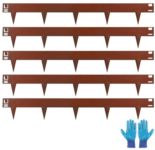 LALAGO Flexible Rasenkante aus Cortenstahl 5m, Beetbegrenzung mit Rost | Garten Metall Beeteinfassung 15 cm Hoch - Rasenkante Metall, 5 Stück x 1m Beetumrandung + 1 Paar Montagehandschuhe