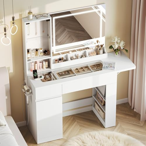 Dripex Schminktisch mit Spiegel & LED-Beleuchtung, Transparente Glasplatte | Ausklappbare Zusatzablage, 2 Steckdosen und 2 USB-Anschlüsse, Frisiertisch mit Viel Stauraum, 115 x 40 x 140 cm, Weiß