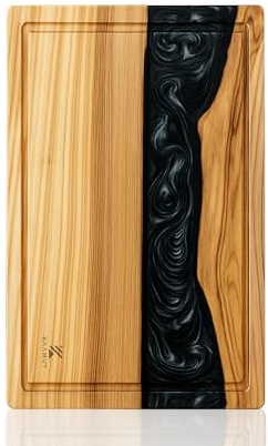 KAAMUT® Tabla de Cortar en Madera Maciza de Olivo con Resina Epoxi Obsidiana – 42×27×2,2 cm – Con Canal para Jugos – Diseño Duradero y Atemporal