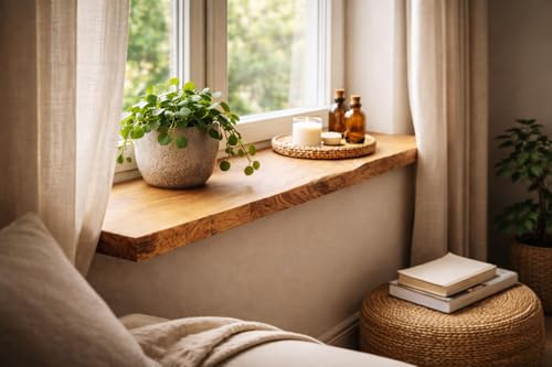 Living Oak Massive Fensterbank aus Eiche mit natürlicher Baumkante, Handgefertigt, 3-4 cm Dicke, Verschiedene Größen (50 x 25 x 4 cm)